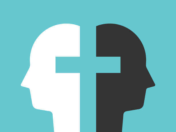 Christian cross uniting opposites Christian cross between two opposite heads. Forgiveness, communication, difference, contradiction and tolerance concept. Flat design. EPS 8 vector illustration, no transparency, no gradients spiritual warfare stock illustrations