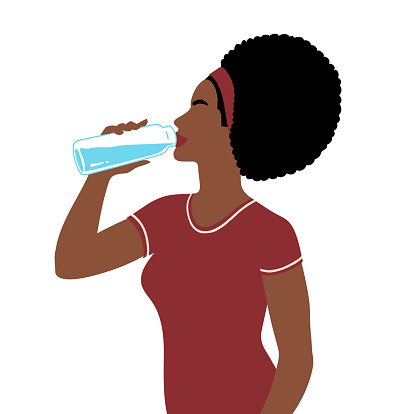 Vector illustration of african american woman sideview figure drinking water with bottle