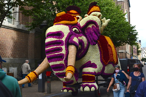 Blankenberge, West-Flanders, Belgium - August 29, 2021: Elephant floral parade float