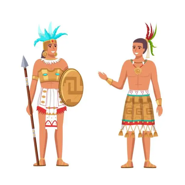 Vector illustration of Indians Maya civilization. Historical heritage. Native American ethnicity. Cartoon man and woman in tribal costumes. Mayan persons with weapon and feather headwear. Vector people set