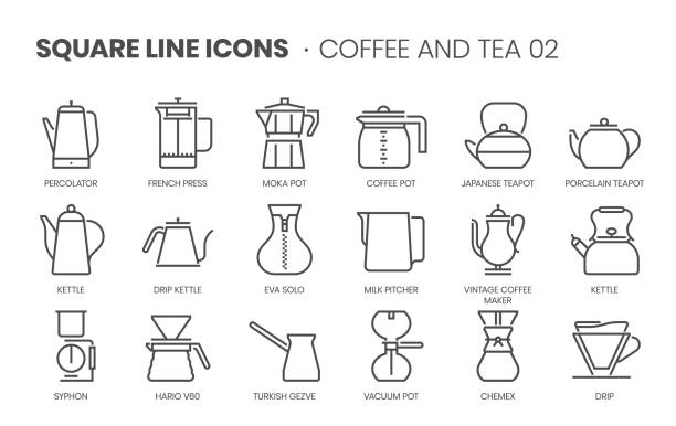 kaffee und tee 02, quadratische linie icon set. - kaffeekanne stock-grafiken, -clipart, -cartoons und -symbole