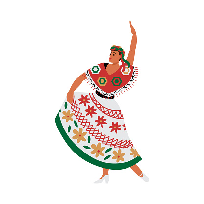 Dancing Mexican woman in Latin-American outfit, flat vector illustration.