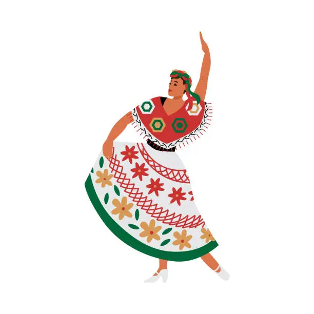 Vector illustration of Dancing Mexican woman in Latin-American outfit, flat vector illustration.