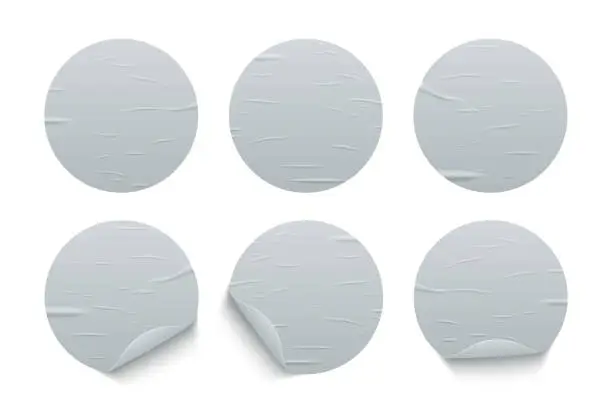 Vector illustration of Glued round whit stickers set isolated on white background. Vector realistic crumpled posters bundle. Wet greased wrinkles blank template texture. Empty advertising circles mockup for creative design.