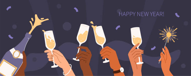 new year celebrations Different people hands holding bottle with champagne, wine glasses and Bengal lights. Characters celebrating winter holidays. Christmas or New Year party concept. Flat cartoon vector illustration. champagne illustrations stock illustrations