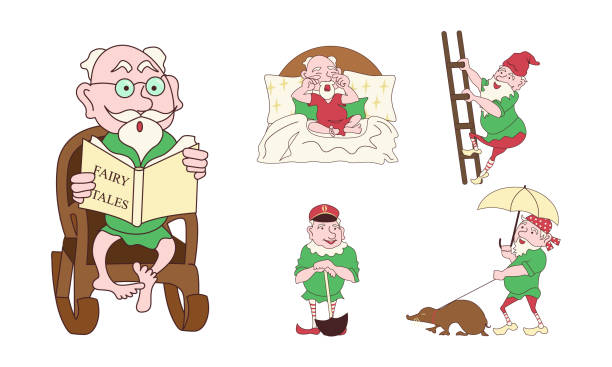 set von lustigen niedlichen mythologischen gnomen routine - gnome troll wizard dwarf stock-grafiken, -clipart, -cartoons und -symbole