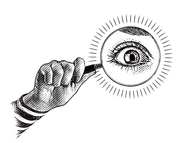 ilustraciones, imágenes clip art, dibujos animados e iconos de stock de lupa de mano con ojo grande - surveillance human eye security privacy