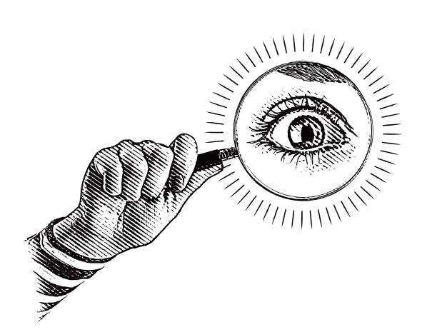 ilustrações de stock, clip art, desenhos animados e ícones de hand holding magnifying glass with large eye - inks on paper