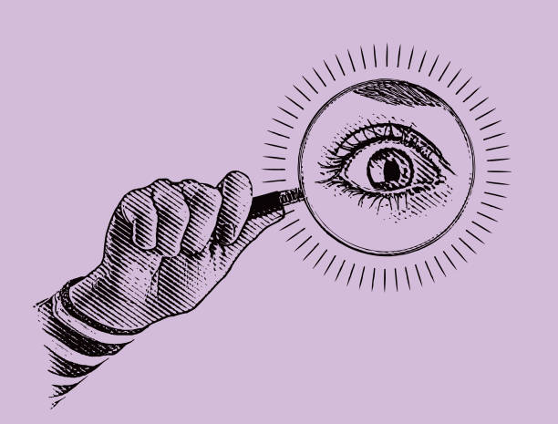 hand holding magnifying glass with large eye - 好奇 幅插畫檔、美工圖案、卡通及圖標