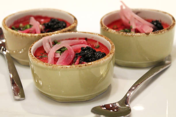 three cups of strawberry gazpacho