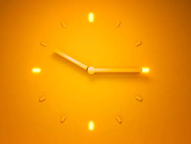 3D illustration 3D rendering of Backlit Orange clock time 10 o clock 15 minutes