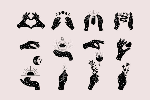 Set of magic hands with stars. Vector illustration with black hands silhouette, flowers, sun, snake, moon, crystal, heart. Set of magic hands with stars. Vector illustration with black hands silhouette, flowers, sun, snake, moon, crystal, heart. Can be used for magic shop, beauty, and jewelry industries. tarot cards stock illustrations