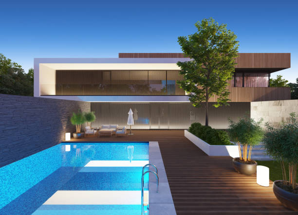 istock Modern Luxurious Villa with garden and swimming pool. 1337290573