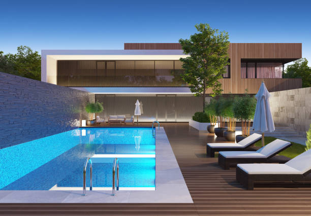 Modern villa with swimming pool. Architecture concept for Real estate.