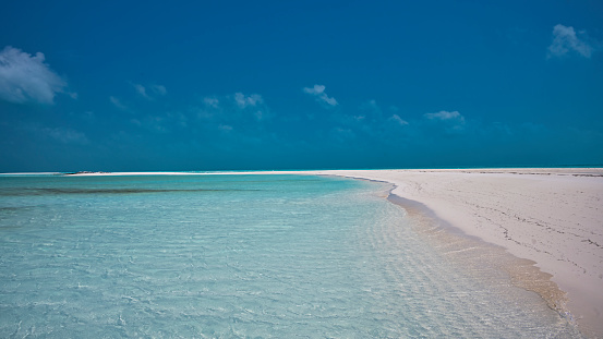 Long sand bar at Sandy Cay near Little Exuma in The Bahamas.