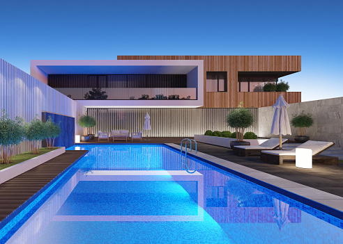 Modern villa with swimming pool. Architecture concept for Real estate.