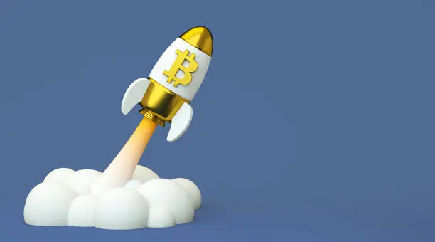 Photo of Bitcoin to the moon, bullish cryptocurrency BTC. Bitcoin crypto currency golden logo in a rocket with copy space background in 3D rendering. Blockchain technology concept