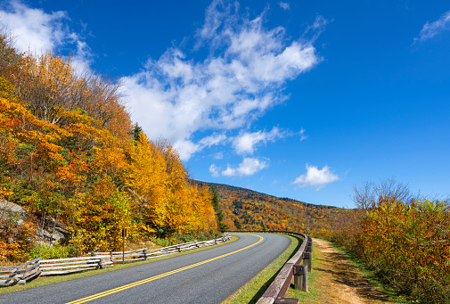 Winding road through fall forest in Appalachian Mountains. Blue Ridge Parkway in autumn colors. Near Asheville, North Carolina,USA.
