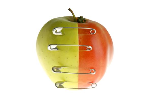 genetische fruchtmanipulation mit apfel und tomate - genetic modification dna tomato genetic research stock-fotos und bilder