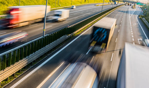 istock Trucks on six lane controlled-access highway in Poland 1337296018