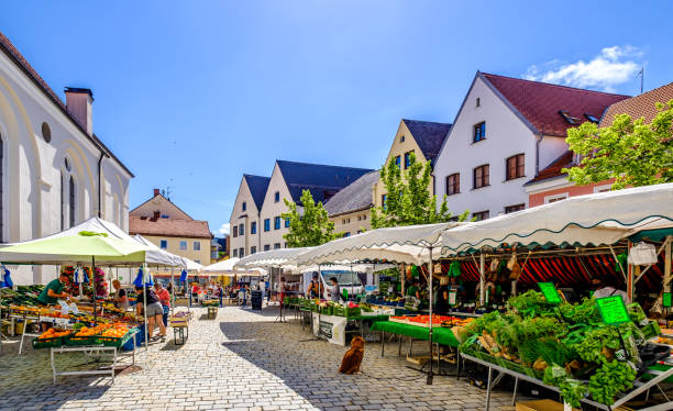 Weilheim, Germany - June 22: historic buildings at the old town of Weilheim in Oberbayern on June 22, 2021