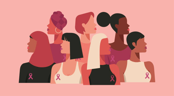 brustkrebs-bewusstseinsmonat und verschiedene ethnische frauen mit rosa unterstützungsband - woman stock-grafiken, -clipart, -cartoons und -symbole
