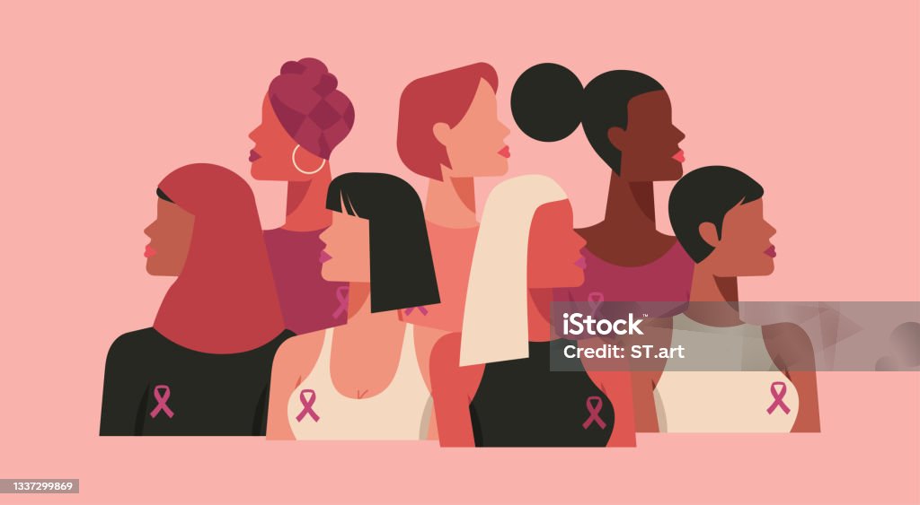 mes de concientización sobre el cáncer de mama y diversas mujeres étnicas con cinta de apoyo rosa - arte vectorial de Mujeres libre de derechos