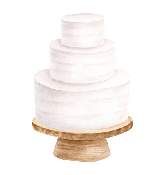 akwarelowy tort weselny na drewnianej ilustracji stojaka. ręcznie rysowane 3 warstwowe białe ciasto kremowe. rustykalny deser izolowany clipart na zaproszenia, menu, restaurację, sklep i logo piekarni. - tort weselny stock illustrations