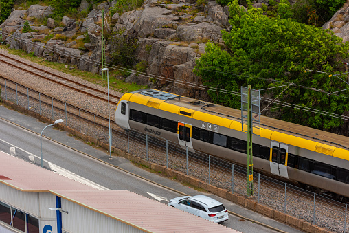 Strömstad, Sweden - July 31 2021: Västtågen regional train arriving at Strömstad.