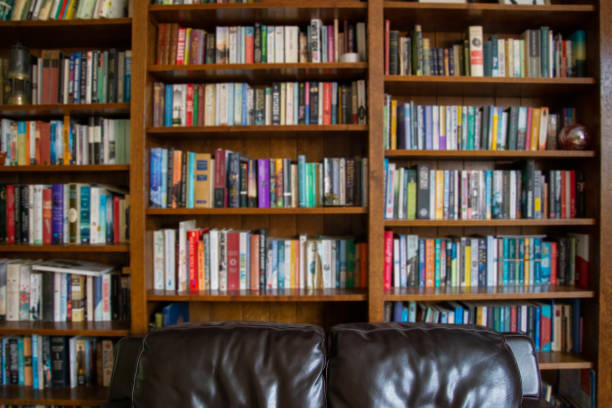Wooden bookcase filled with blurred books in a UK home setting Wooden bookcase filled with blurred books, and a leather sofa in the foreground, in a UK home setting bookshelf stock pictures, royalty-free photos & images