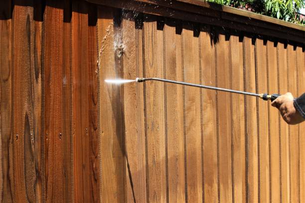 istock Pressure washing old fence 1337304367