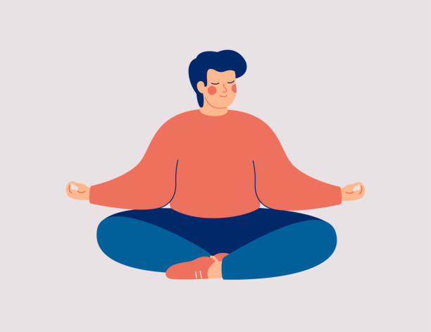 ilustrações de stock, clip art, desenhos animados e ícones de young man sits with cross-legged on the floor and meditates with closed eyes. boy makes morning yoga, relaxes at home or breathing exercises. - tranquilidade