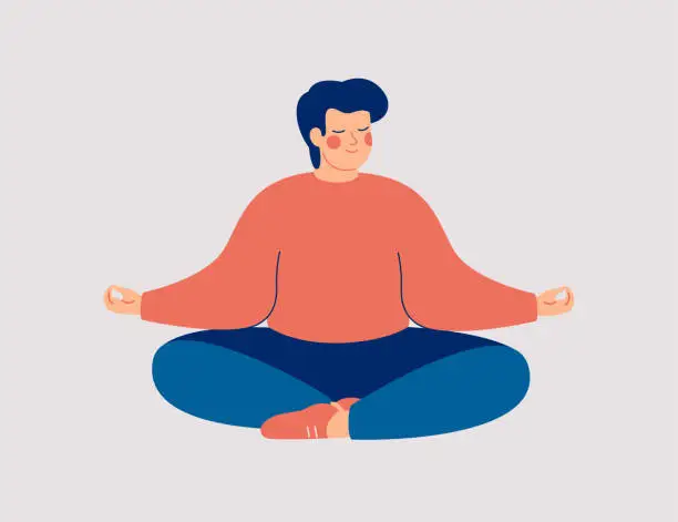 Vector illustration of Young man sits with cross-legged on the floor and meditates with closed eyes. Boy makes morning yoga, relaxes at home or breathing exercises.