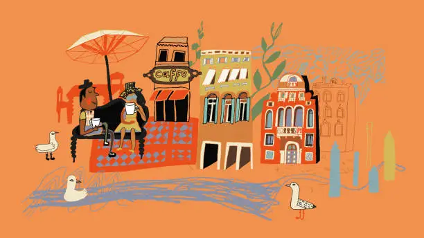 Vector illustration of A couple enjoying cup of coffee at the cafe in Venice, Italy