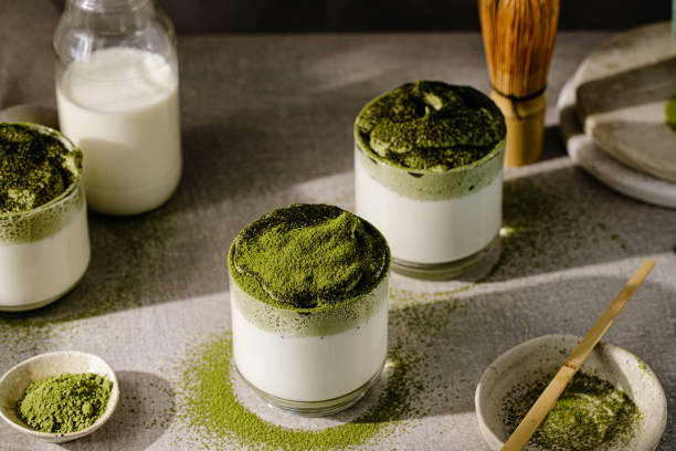 istock Close-up of freshly made Dalgona matcha latte glasses 1337307172