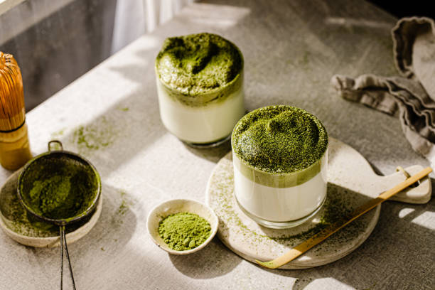 Glass of Dalgona iced matcha tea