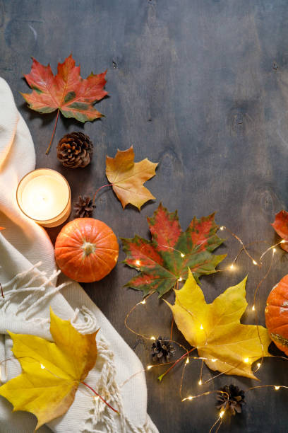 istock Autumn mood composition. Fallen colorful maple leaves, pumpkins, warm blanket, candle and pine cones on dark wooden table background. Happy Thanksgiving, autumn. Flat lay, top view, copy space. 1337307708