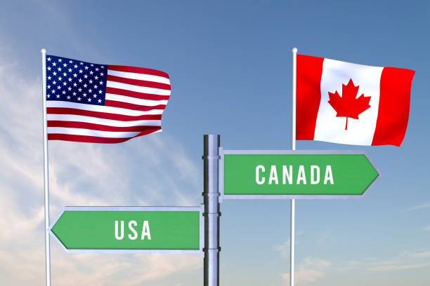 istock Sign indicating the direction of the borders between two countries Usa,Canada,3D RENDERING 1337307787