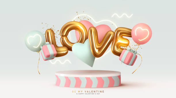 illustrazioni stock, clip art, cartoni animati e icone di tendenza di buon sfondo di san valentino. podio realistico del palcoscenico 3d, studio rotondo, oggetti decorativi festivi, palloncini a forma di cuore, testo di parole d'amore, scatola regalo, coriandoli d'oro glitterati. banner festivo, poster - romantic scene