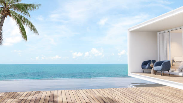 istock Minimal style house and swimming pool terrace with sea view 3d render 1337309564