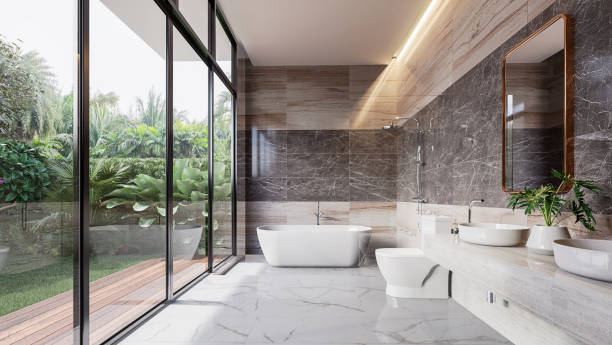 Modern luxury bathroom with tropical style garden view 3d render