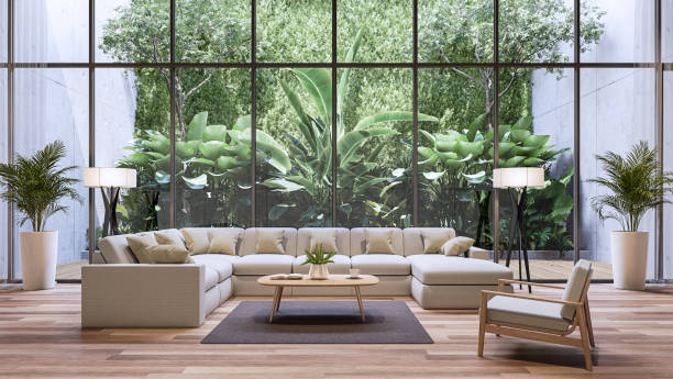 istock Modern living room with tropical style garden background 3d render 1337309566
