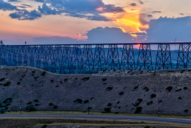 Views of the steel truss of the Lethbridge High Level Rail Viaduct Views of the steel truss of the Lethbridge High Level Rail Viaduct lethbridge alberta stock pictures, royalty-free photos & images