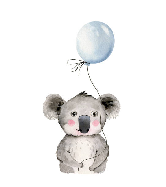 illustrazioni stock, clip art, cartoni animati e icone di tendenza di illustrazione ad acquerello simpatico koala con un palloncino. disegno in stile cartone animato per il design dei bambini - stuffed animal toy koala australia