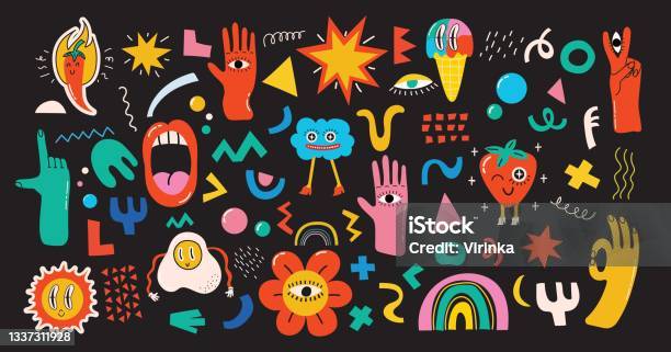 Большой Набор Разноцветных Векторных Иллюстраций В Дизайне Cartoon Flat Нарисованные От Руки Абстрактные Фигуры Забавные Милые — стоковая векторная графика и другие изображения на тему Узор