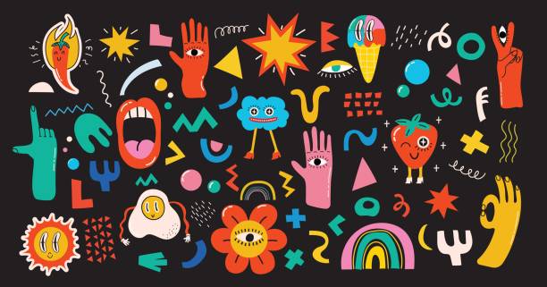 bildbanksillustrationer, clip art samt tecknat material och ikoner med big set of different colored vector illustrations in cartoon flat design. hand drawn abstract shapes, funny cute - illustration