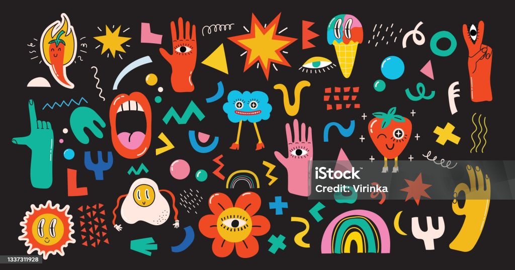 Big Set of Different colored Vector illustrations in Cartoon Flat design. Hand drawn Abstract shapes, funny cute Big Set of Different colored Vector illustrations in Cartoon Flat design. Hand drawn Abstract shapes, funny cute Comic characters. Pattern stock vector