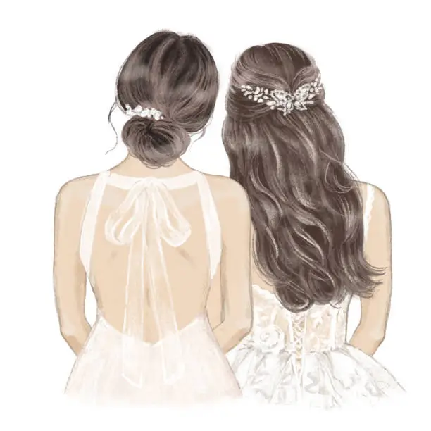 Vector illustration of Bride and Bridesmaid on wedding day. Hand drawn Illustration