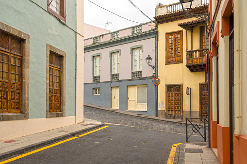 Empty street view in old historic town of La Orotava with characteristic wooden balconies. Tenerife, Canary Islands