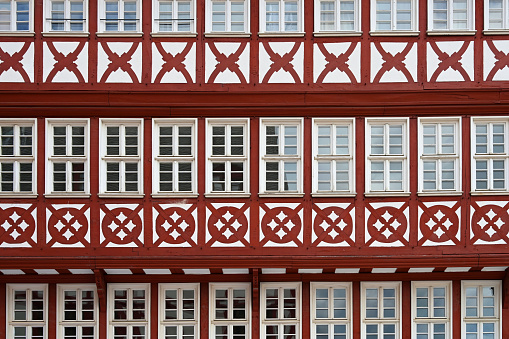 Full frame image of traditional half-timbered house facade in Frankfurt am Main, Hesse, Germany